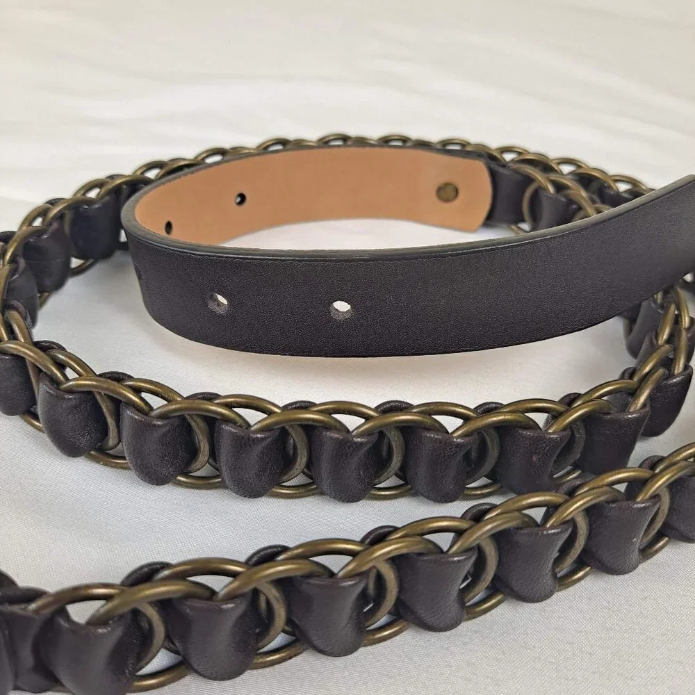 Talbots Size Large Brown Leather and Metal Ring Woven Belt Brass Toned Hardware